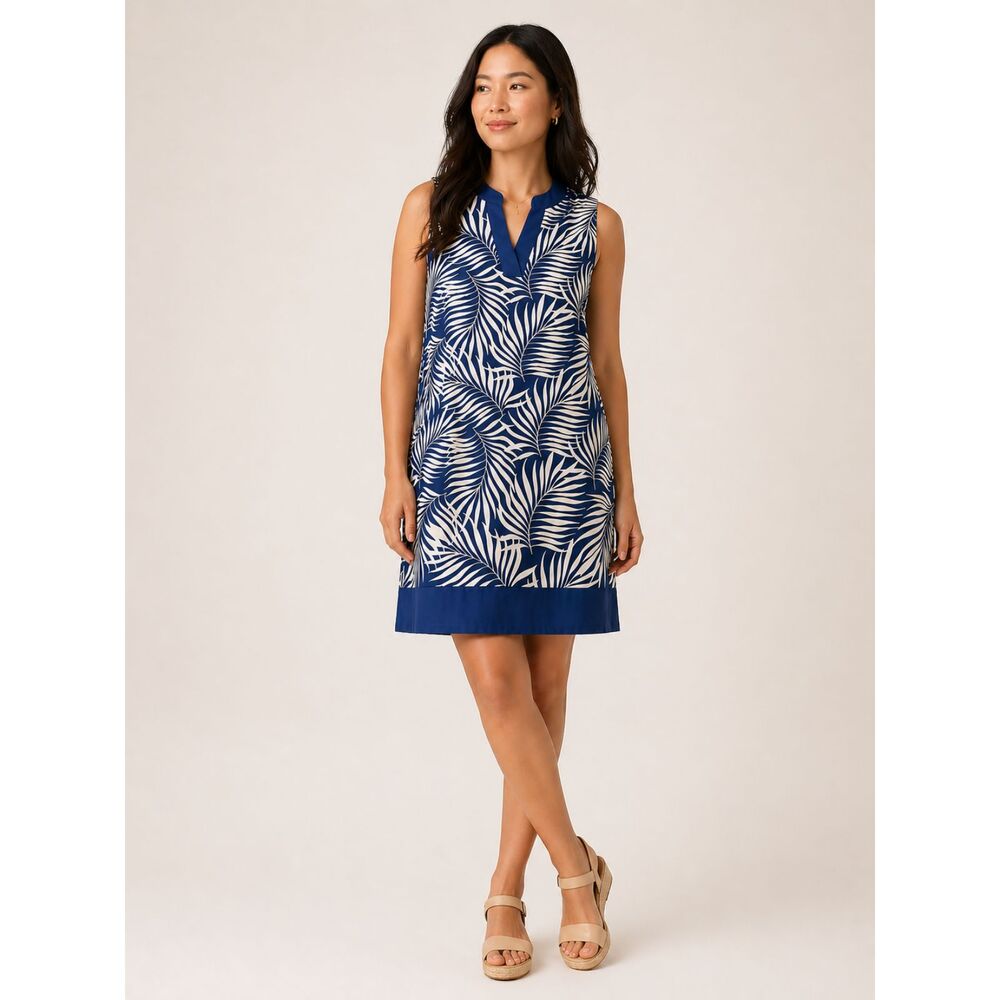 Aqua Escape UPF 50 Sleeveless Shift Dress Medium Blue White Tropical Palm Print